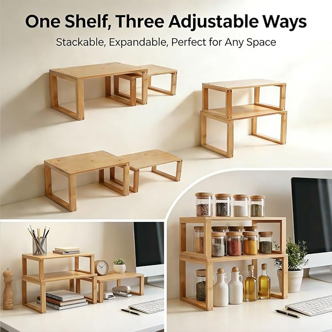 JinDoWin Bamboo Kitchen Cabinet Organizer Shelf | Stackable & Expandable Shelf Organizer | Pantry organizers and storage | Spice Rack Organizer for Cabinet, Holds Dishes & Tableware (2, W11.8″)