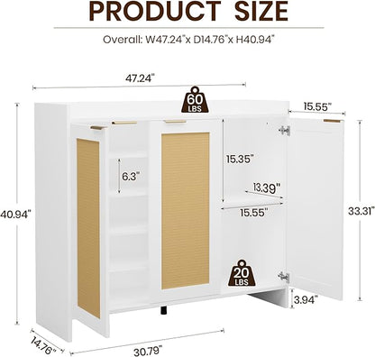 Shoe Cabinet, 41" Tall Rattan Shoe Storage Organizer Cabinet, Adjustable Shelves, 6-Tier Farmhouse Boho Wooden Storage Cabinet for Entryway Hallway Closet Bedroom,White