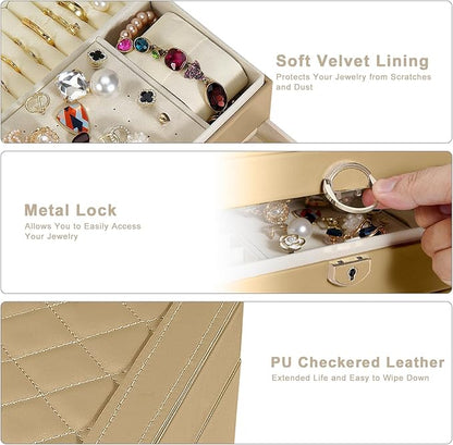 GUOER Jewelry Box for Women Girl Wife 3 Layers Large PU Leather Jewelry Organizer Storage Case with Two drawers Display for Earrings Bracelets Rings Watches (Champagne)