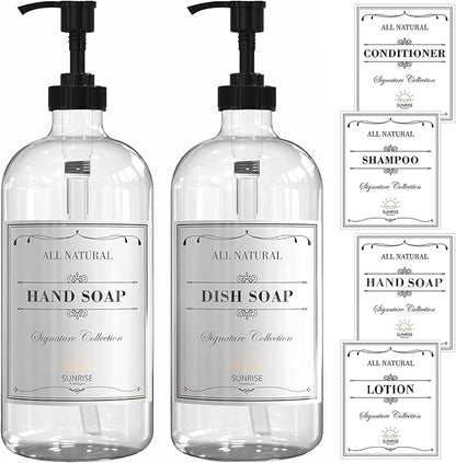 Sunrise Premium 16 OZ Thick Clear Glass Soap Dispenser with Pump 2 Pack, Hand and Dish Soap Dispenser Set for Bathroom and Kitchen with 6 Waterproof Labels
