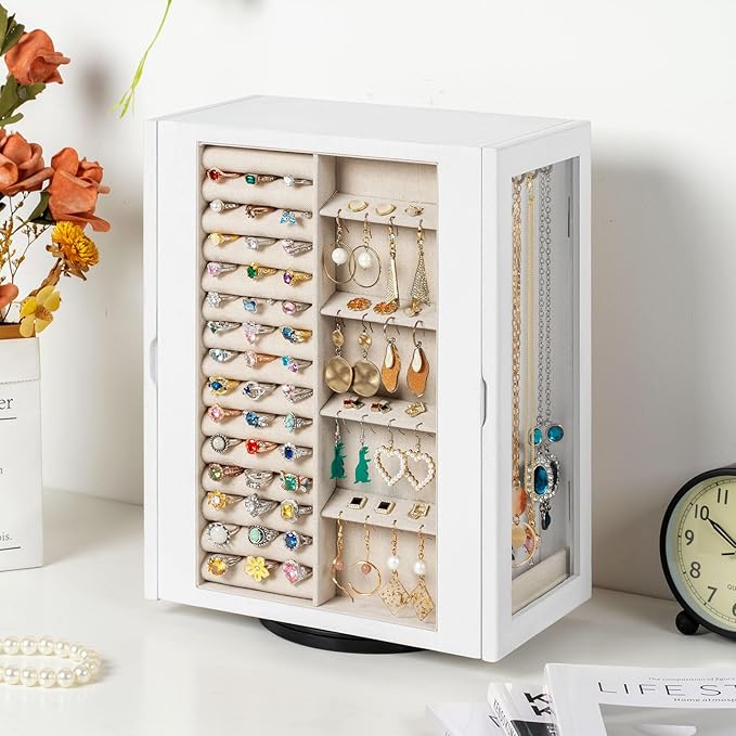 Emfogo 360° Rotating Jewelry Box for Women, Vintage Wooden Large Jewelry Organizer with 5 Drawers, Glass Doors, Vertical Open Design Jewelry Organizers and Storage for Earring Ring Necklace Bracelet