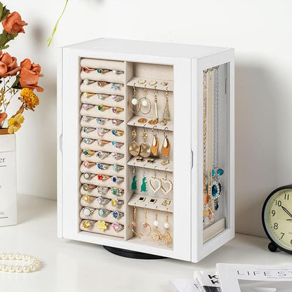 Emfogo 360° Rotating Jewelry Box for Women, Vintage Wooden Large Jewelry Organizer with 5 Drawers, Glass Doors, Vertical Open Design Jewelry Organizers and Storage for Earring Ring Necklace Bracelet