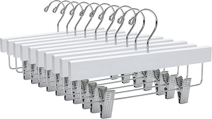 Quality 11 Inches Kids Wooden Pants Hangers 80 Pack - Skirt Hangers with Adjustable Metal Clips 360° Swivel Chrome Hook & Nonslip Notches- Ideal for Clothes Size 8 and Smaller (White, 80)