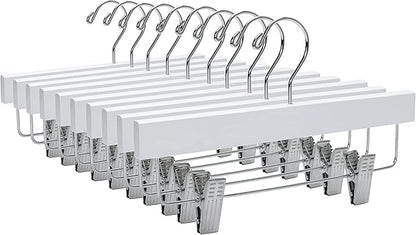 Quality 11 Inches Kids Wooden Pants Hangers 20 Pack - Skirt Hangers with Adjustable Metal Clips 360° Swivel Chrome Hook & Nonslip Notches- Ideal for Clothes Size 8 and Smaller (White, 20)