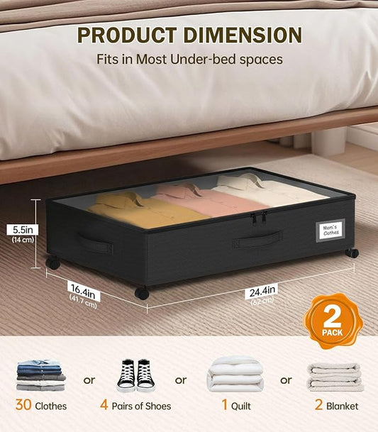 Under Bed Storage with Wheels 2-Pack, Under Bed Storage Containers, Underbed Box with Clear Lids, Rolling Underbed Storage bins for Shoes, Clothes, Blankets (25" L x 16.2" W x 5.5" H)