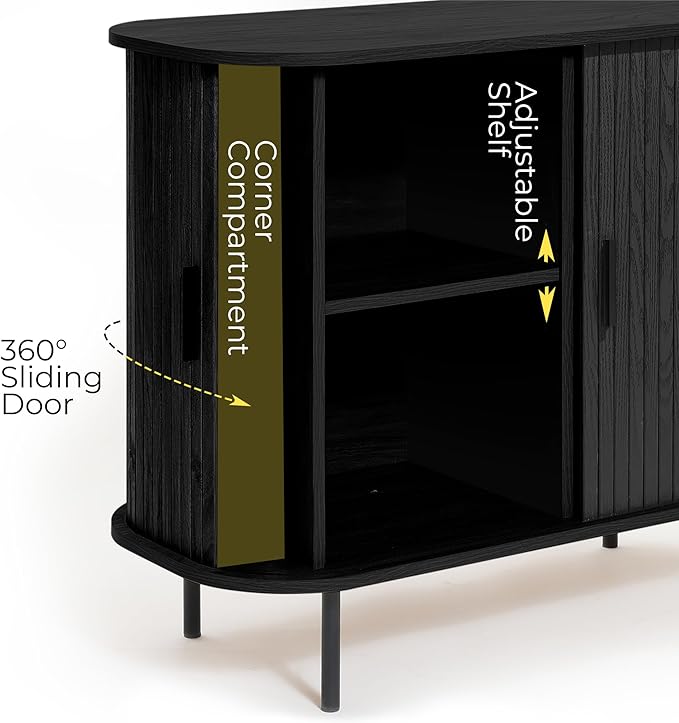 LuxenHome Sideboard Buffet Cabinet with Storage, 35" Black Mid Century Modern Accent Cabinet, Sliding Door Entryway Small Storage Cabinets for Kitchen, Living Room, Entryway