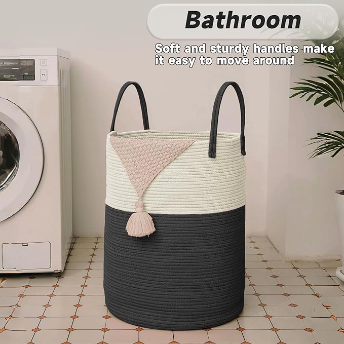 JMvicyroam Large Woven Laundry Basket Hamper,100L Cotton Rope Storage Bin for Blankets,Toys and Clothes,Decorative Tall Nursery Hamper for Living Room,Baby Nursery,Bathroom and Bedroom,White and Black