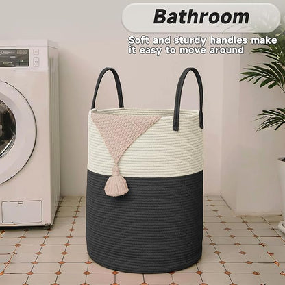 JMvicyroam Large Woven Laundry Basket Hamper,100L Cotton Rope Storage Bin for Blankets,Toys and Clothes,Decorative Tall Nursery Hamper for Living Room,Baby Nursery,Bathroom and Bedroom,White and Black