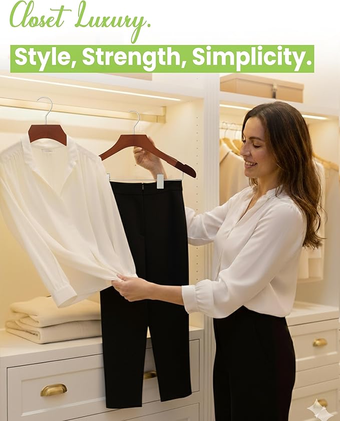 Wooden Hangers with Clips for Women, Solid Wood Skirt & Suit Hangers, Heavy-Duty Adjustable Non-Slip Design with Velvet Grip, High Gloss Brown with Brown Velvet, 12 pcs