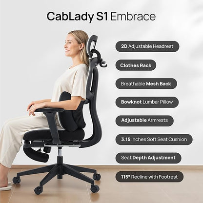 CabLady S1 Petite Ergonomic Office Chair Design with Detachable Pillow Lumbar Cushion, Coat Hanger, 2D Headrest & PU Armrests, Cloud Seat & Footrest Cute Desk Chair for Women Girls