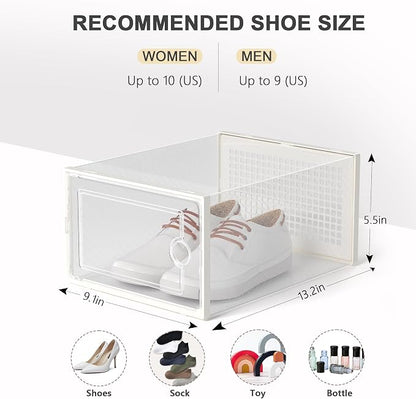 Kuject 12 Pack Large Shoe Boxes, Clear Stackable Containers with Lids,White | Shoe organizers for closet & entryway, under-bed,Drop-front design fits women's size 10