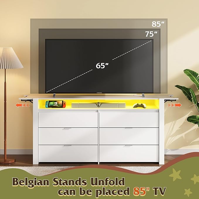 WLIVE 78 Inch LED Dresser for Bedroom, White Dresser with Charging Station, Large Chest of Drawers Expandable with Flexible Shelves and Hanging Rack, Wood Dressers for Closet, Living Room (85" TV)