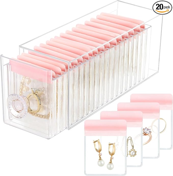 HOMEHIVE Clear Acrylic Jewelry Organizer Box with 20 Portable Pouches, Jewelry Storage Case for Women Girls, Tangle-Free, Anti-Tarnish, Compact Storage for Necklaces/Earrings/Rings, Upgraded Pink