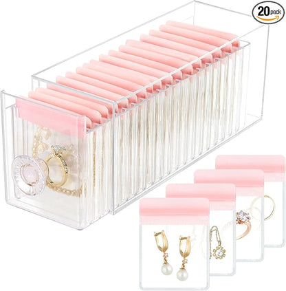HOMEHIVE Clear Acrylic Jewelry Organizer Box with 20 Portable Pouches, Jewelry Storage Case for Women Girls, Tangle-Free, Anti-Tarnish, Compact Storage for Necklaces/Earrings/Rings, Upgraded Pink