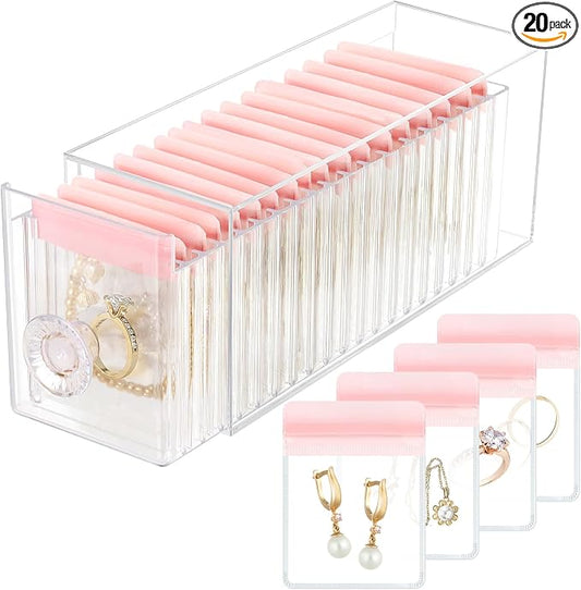 HOMEHIVE Clear Acrylic Jewelry Organizer Box with 20 Portable Pouches, Jewelry Storage Case for Women Girls, Tangle-Free, Anti-Tarnish, Compact Storage for Necklaces/Earrings/Rings, Upgraded Pink