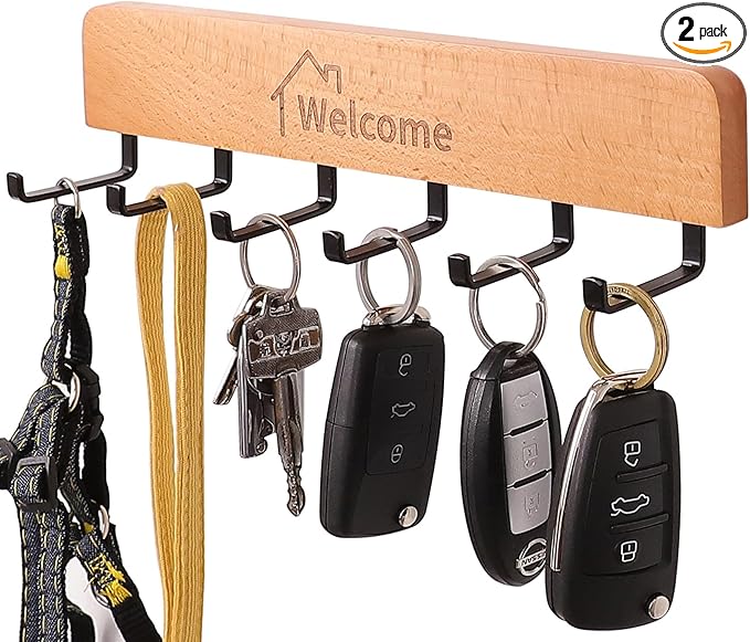 Wooden Key Holder with Metal Hooks,No Drill Adhesive & Screws, Wall Mount Entryway Organizer for Keys, Coats, Hats, Rustic Farmhouse Wall Decor for Hallway, Apartment (1, Natural)