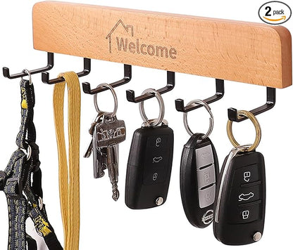 Wooden Key Holder with Metal Hooks,No Drill Adhesive & Screws, Wall Mount Entryway Organizer for Keys, Coats, Hats, Rustic Farmhouse Wall Decor for Hallway, Apartment (1, Natural)