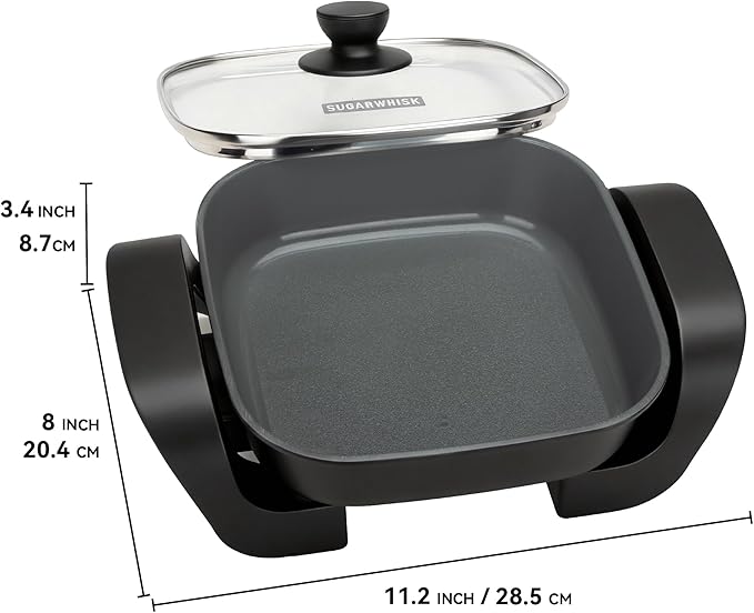 8-inch Ceramic Coated Electric Skillet with Lid, Non Stick Skillet Griddle Pan Electric, Rapid Heat Up, 650W, Breakfast Skillet, Kitchen Appliances for Cooking, Graphite