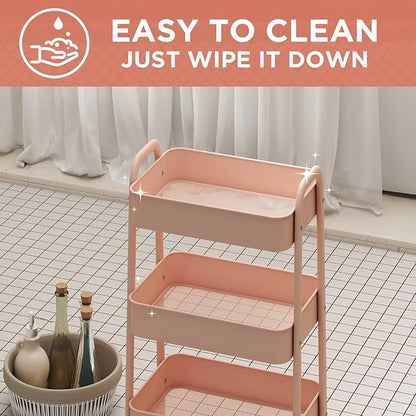 AGTEK Makeup Cart, Movable Rolling Organizer Cart, 3 Tier Metal Utility Cart, Rosiness