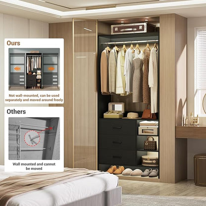 Aheaplus 2.5FT Closet System with 3 Drawers, 29.5’’ Closet Organizer, Wood Closet Organizer System, Walk-in Closet or Small Closets Wardrobe, Clothes Rack with Hanging Rods,-E6, Black