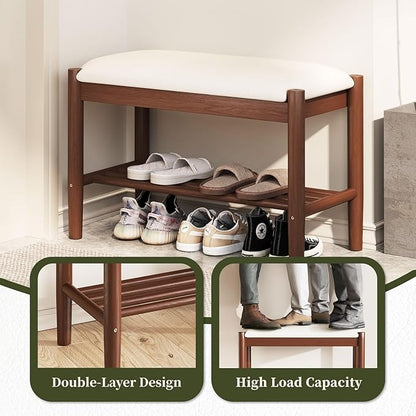 Solid Wood Shoe Bench with Cushion, 2-Tier Shoe Rack for Front Door Entrance, Enterway Benches with Shoe Storage (Walnut, 39.4in)