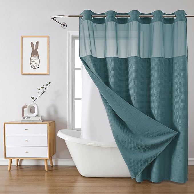 SeawedGreen No Hook Waffle Weave Shower Curtain with snap-in Liner Replacement, 230GSM Waterproof Fabric Hotel Shower Curtain Set for Bathroom, Through Mesh Top Window,71Wx74H