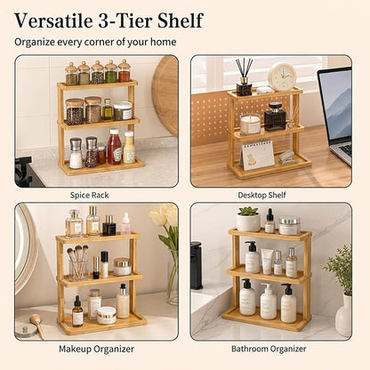 PEKER Bamboo Bathroom Organizer Countertop – Vanity Storage Shelf for Makeup, Perfume, Skincare – Natural Cosmetics Display Rack for Dresser, Sink, Kitchen – Natural