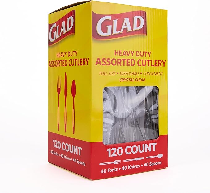 Glad Plastic Heavy Duty Clear Cutlery, Mixed Forks, Knives, and Spoons - Set of Disposable Party Utensils, Sturdy Cutlery for Everyday Use, 120 Count - 6 Pack