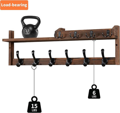 Coat Rack Wall Mount with Shelf, 27.5" Entryway Wall Hanging Shelf, Coat and Key Hanger with 10 Dual Hooks, Mail Organizer and Key Holder Hat Rack for Wall, Wood Coat Hooks with Storage
