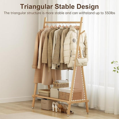 Solid Wood Clothing Rack, Rolling Clothes Rack for Hanging Clothes, Garment Rack with Shelves Load 350 Lbs, Portable Closet Organizer on Wheels for Hanging Clothes (Natural)
