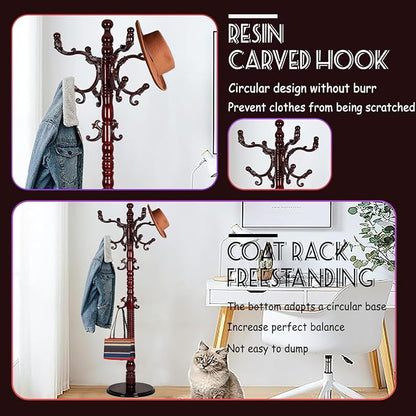 73 in Wood Coat Rack, Coat Rack Freestanding with Stable Round Base, Adjustable Height Tree Coat Racks Stand for Home Bedroom Office Hallway Entryway (Redwood)