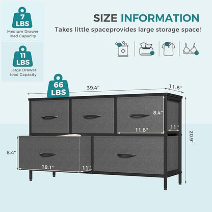 OLIXIS Dresser for Bedroom with 5 Drawers, Wide Chest of Drawers, Fabric Bedroom Dresser with Drawer Organizers, Storage Organizer Unit with Fabric Bins for Closet, Living Room, Hallway,Grey