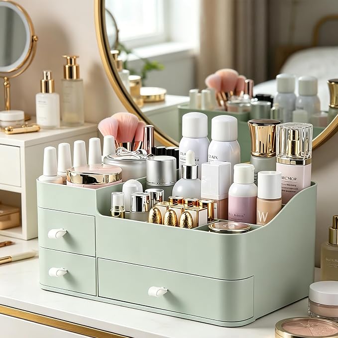 Makeup Organizer with Drawers, Bathroom Counter Organizer, Plastic Cosmetic Display Case, Large Skincare Storage for Vanity Countertop, Ideal for Bedroom Dresser top and Desktop