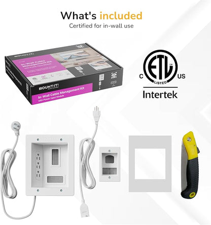 Mount-It! In-Wall TV Cable Management Kit with Power – Triple Outlet, Male Wall Plug and 5ft External & 9ft Behind the Wall Cords, Hand Saw – Easy, Safe Cable Management for TV and Home Theater Setups