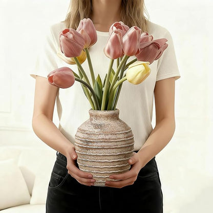 NEBRYX Ceramic Flower Vase, 6.7 inch Farmhouse Rustic Vintage Vases for Home Decor Table Living Room Entryway Book Shelf Fireplace Centerpiece (Rust)