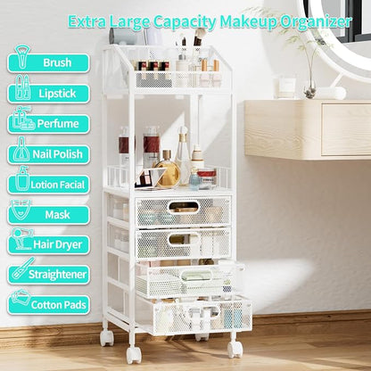 HapiRm Makeup Organizer Storage Cart - Floor Skincare Make Up Storage with 4 Drawers, Rolling Makeup Cart Vanity Organizer Cosmetics Display Cases Holder for Skin Care Perfume Nail Polish