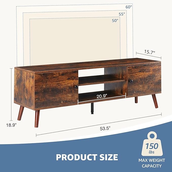 Sweetcrispy TV Stand for 55 60 inch TV, Modern Mid Century Entertainment Center with Storage, Media Console Table 2 Cabinet, Soft Hinge, Handle Door, Wooden Living Room, Office Furniture, Rustic Brown