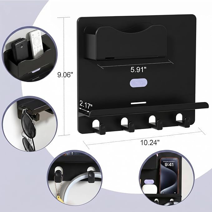 Bedside Shelf Wall Mount, Adhesive Bedside Shelf Accessories Organizer with Hooks and Cable Clips,Dorm Bedside Wall Storage for Phone, Remote, Earphone,Plastic (Black)