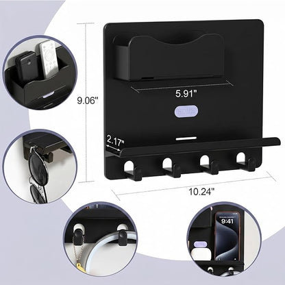 Bedside Shelf Wall Mount, Adhesive Bedside Shelf Accessories Organizer with Hooks and Cable Clips,Dorm Bedside Wall Storage for Phone, Remote, Earphone,Plastic (Black)