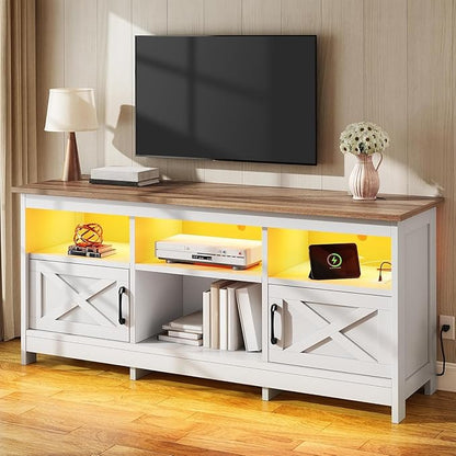 YITAHOME TV Stand for 65 Inch TVs, Entertainment Center with Storage Cabinets, Power Outlet & LED Light, Media Console Living Room Furniture, White