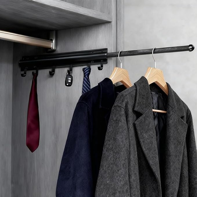 16 inch Valet Rod for Deeper Closet Pull Out, Closet Valet Rod Slide Out Pull Out Clothes Hanger With 6 Hooks Closet Organization and Storage (Black)