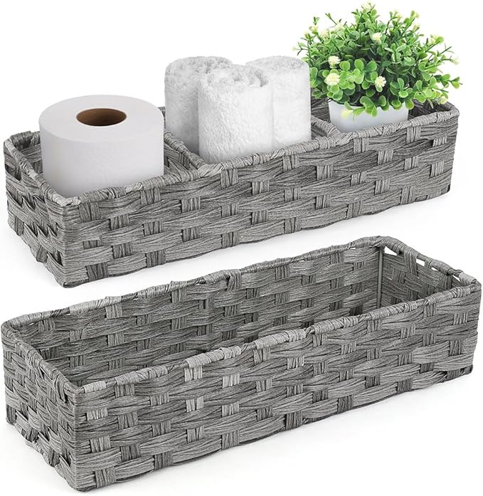 LotFancy Toilet Paper Storage Basket, 2 Pack Woven Toilet Tank Topper Basket, Back of Toilet Storage Basket, Rustic Farmhouse Bathroom Décor, Grey