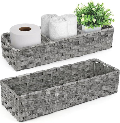 LotFancy Toilet Paper Storage Basket, 2 Pack Woven Toilet Tank Topper Basket, Back of Toilet Storage Basket, Rustic Farmhouse Bathroom Décor, Grey