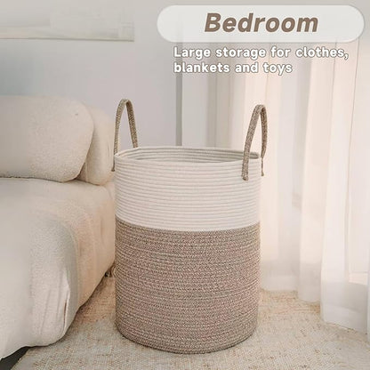 JMvicyroam Large Woven Laundry Basket Hamper,60L Cotton Rope Storage Bin for Blankets,Toys and Clothes,Decorative Tall Nursery Hamper for Living Room,Baby Nursery,Bathroom and Bedroom,Brown