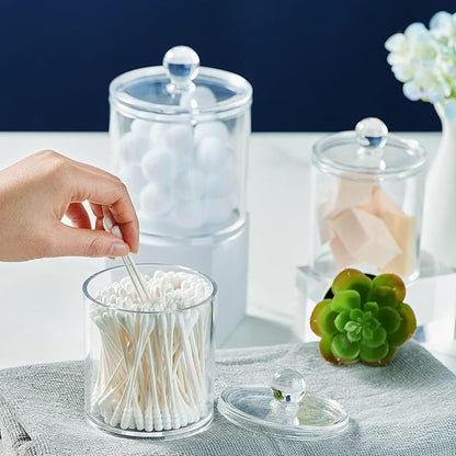 SheeChung 8 Pack Clear Acrylic Apothecary Jars with Labels,(4) 12oz & (4) 10oz Qtip Holder Set,Shatterproof Bathroom Vanity Organizer for Cotton Swabs,Balls,Pads,Bathroom Essentials,Minimalist Decor