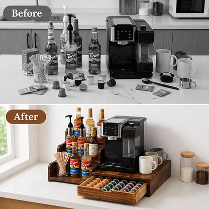 Wood Coffee Bar Organizer Station with Syrup Rack and Capsule Drawer, 3 Tier Coffee Syrup Organizer for Countertop, Coffee Station Organizer with Storage for Coffee Pods, Espresso Machine Stand Shelf