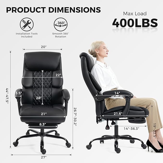 Office Chair, Executive High Back Leather Home Office Desk Chair with Footrest & Lumbar Support - Ergonomic Reclining Comfortable Wide Swivel Rolling Gaming Computer Chair 90-135° Adjustable Tilt Lock