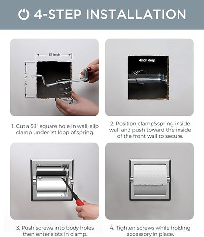 FORIOUS Recessed Toilet Paper Holder, Stainless Steel Durable Tissue Roll Holder Wall Mount for Bathroom Space Saving Design with Mounting Bracket, Wall Toilet Paper Dispenser Insert, Chrome