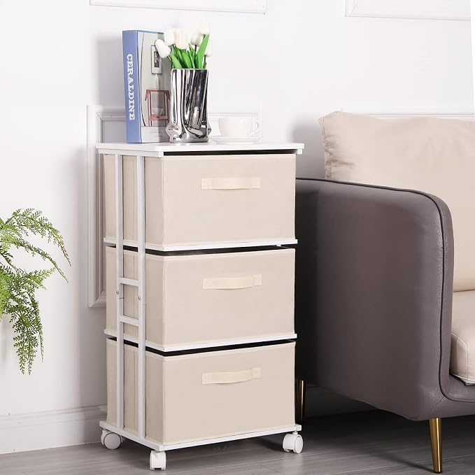 MAX Houser Dresser Tower with 3 Drawers for Bedroom, Fabric Storage Organizer Unit, Chest of Drawers with with WoodTop, Small Vertical Storage for Guest Room, Closet, Entryway(Beige)