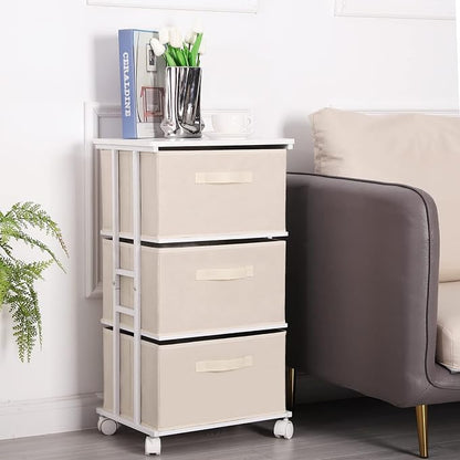 MAX Houser Dresser Tower with 3 Drawers for Bedroom, Fabric Storage Organizer Unit, Chest of Drawers with with WoodTop, Small Vertical Storage for Guest Room, Closet, Entryway(Beige)
